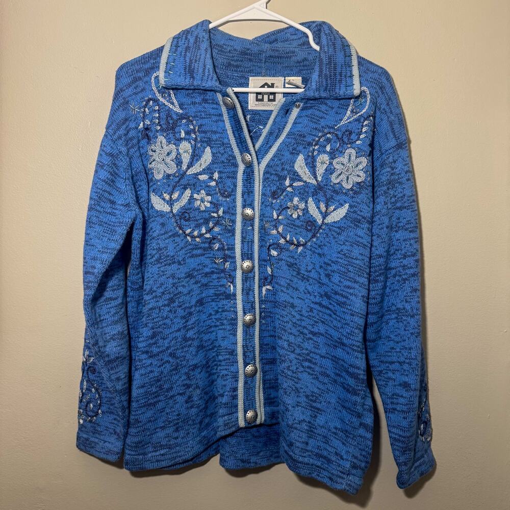 Storybook Knits Western Floral Beaded Cardigan Sweater Blue Large Cottagecore